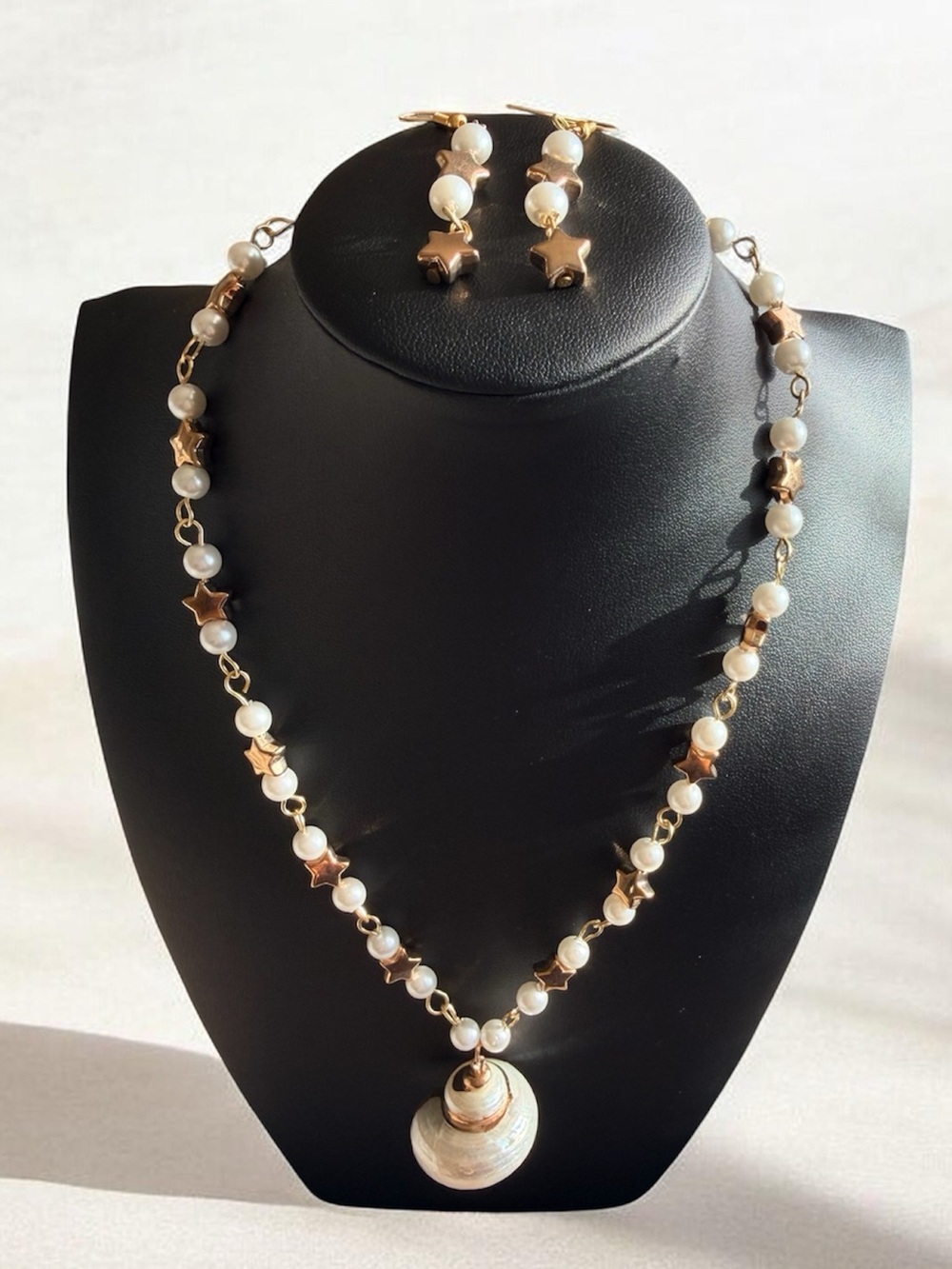 Gold Star and Pearl Pendant Necklace with Matching Earrings - Ivory/Gold